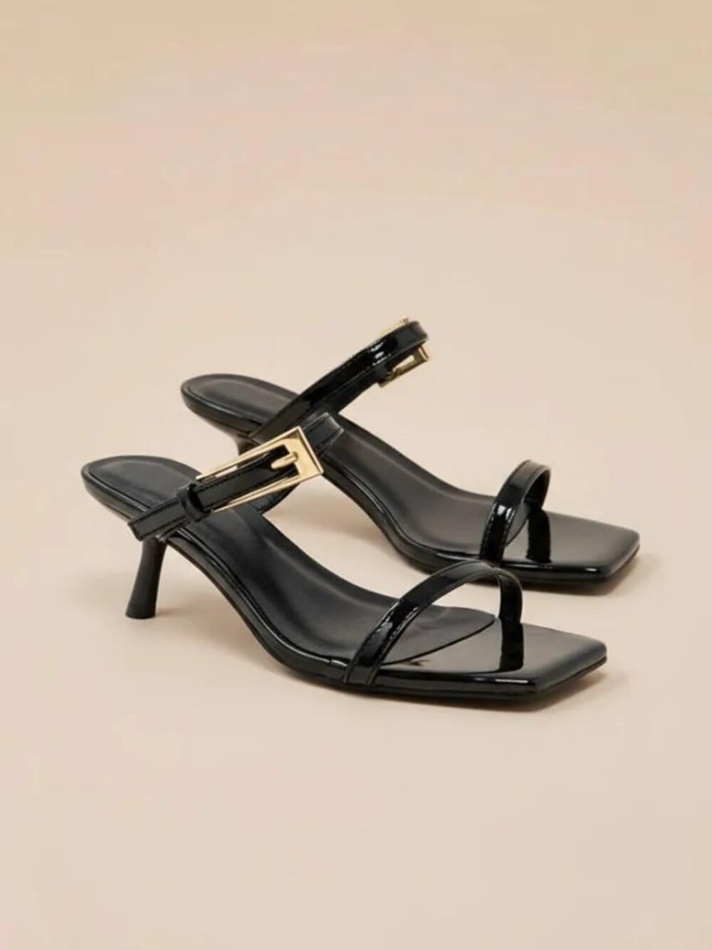 Women’s Patent Kitten Heel Sandals – Square Toe Slide Heels w/ Statement Buckle - Picture 2 of 3